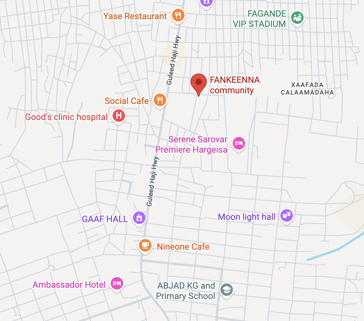 Map of Calaamadaha, Hargeisa, with the Fankeenna pin east of Guleed Haji Highway